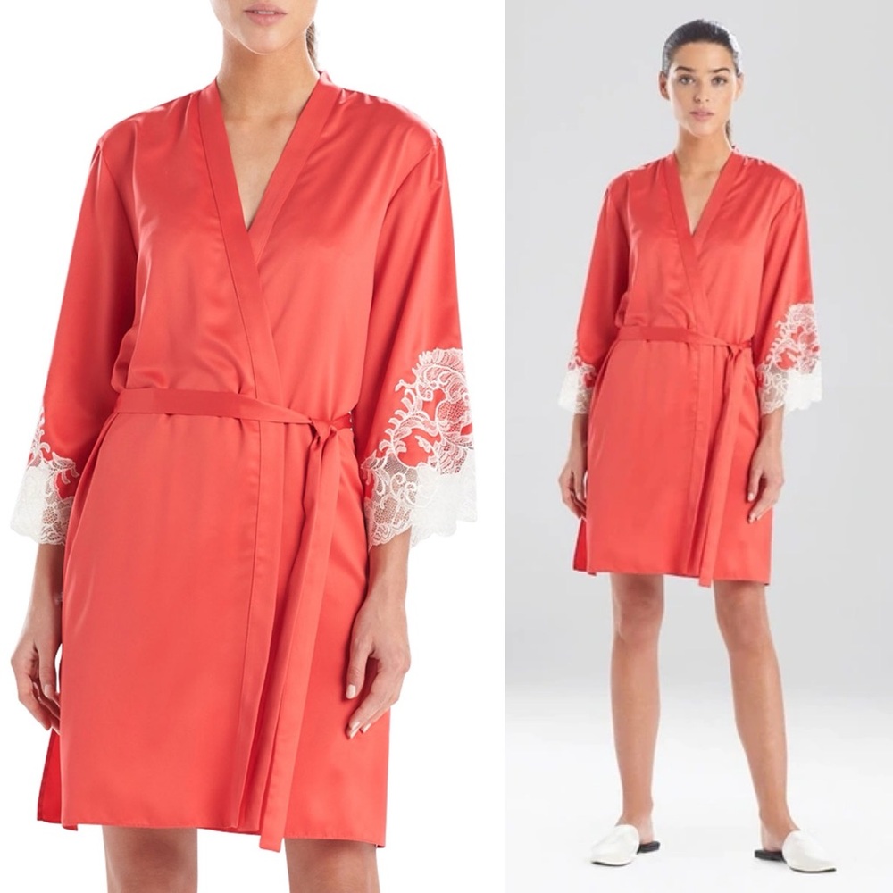 Natori Coral-Red Satin Kimono Robe with White Lace Cuffs